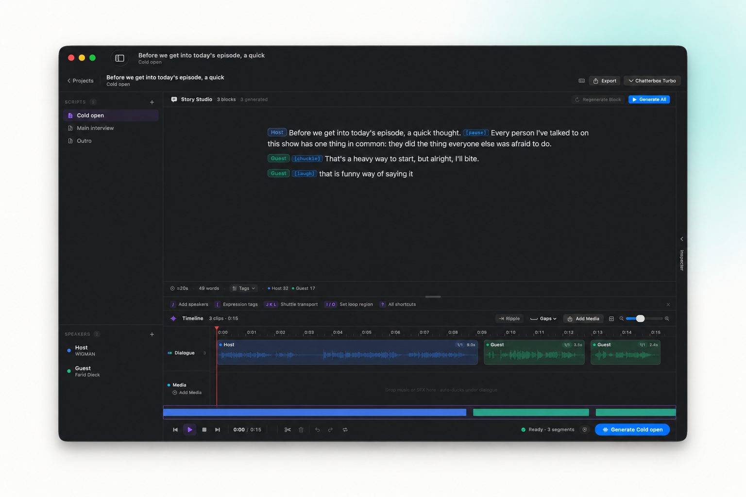 Murmur Projects Story Studio — script with speakers and a multi-track timeline